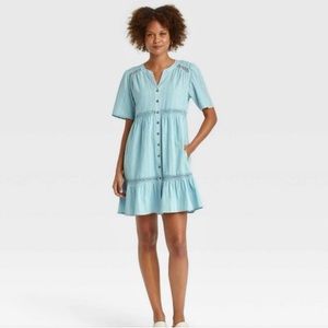 Knox Rose Light Blue Cotton Crochet Button-down Dress